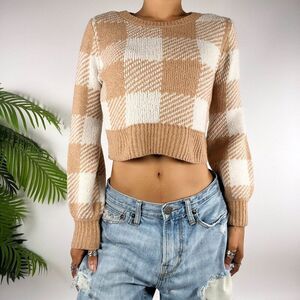 Womens Vintage Beige & White Checkered Granola Girl Cropped Knit Sweater / Small
